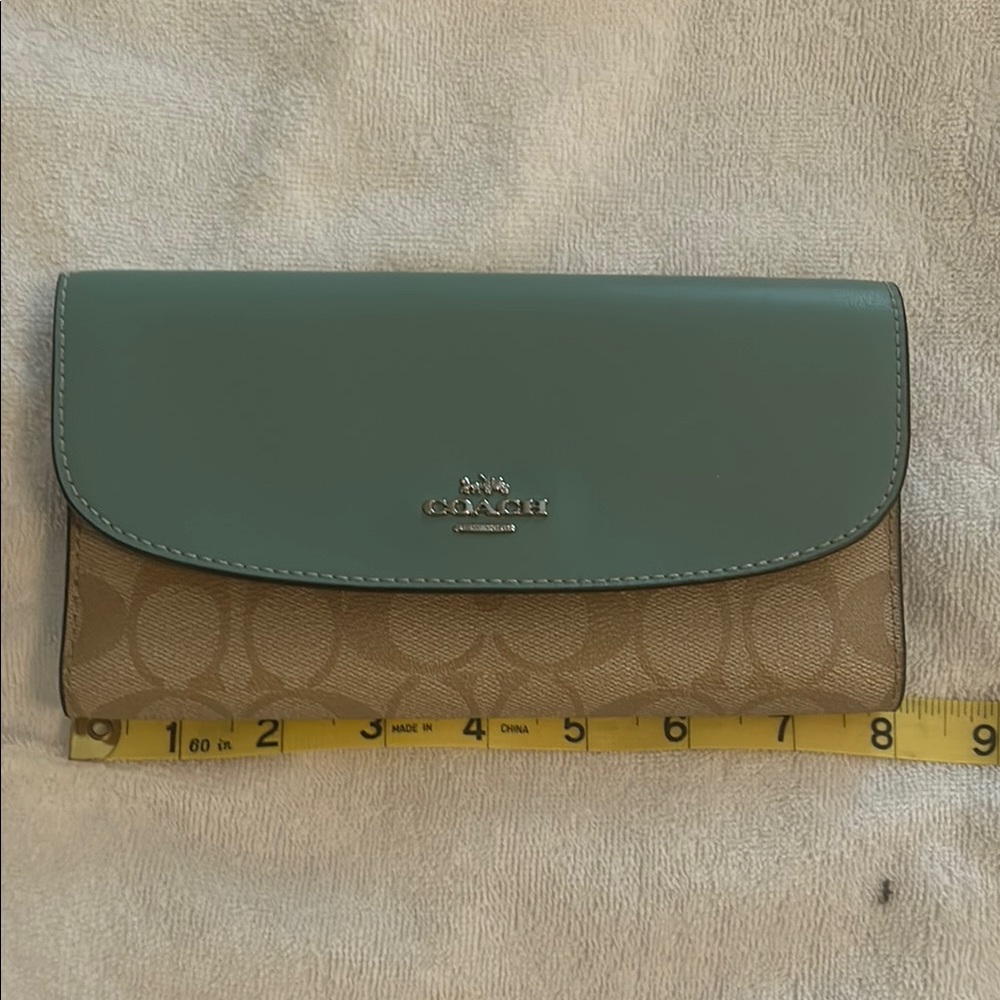 Coach Tan and Green Wallet with Slim Clutch Design
